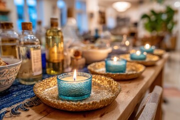 Fototapeta premium Cozy Evening Atmosphere with Decorative Candles and Essential Oils on a Wooden Table in a Warm, Inviting Space
