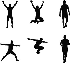 Silhouettes of active man jumping, running, walking, exercising, fitness poses, athletic male figure, black vector art, isolated white background