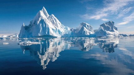 Iceberg floats in deep blue water with clear sky and reflection