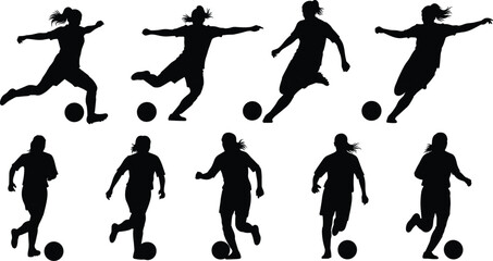 Soccer player silhouette collection, football athlete kicking ball, running, dribbling, sports action design, vector illustration, dynamic movement, athletic training art
