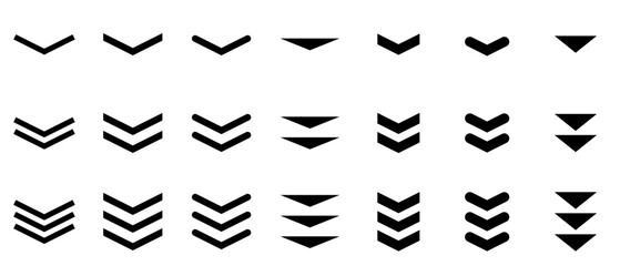 矢印　下　スクロール　次　アイコン　シルエット　黒　ベクター　セット