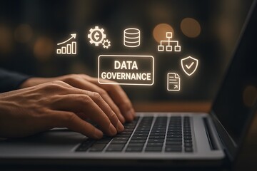 Laptop showing data governance icons. Concept of data management and information security.