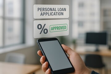 Mobile phone showing approved personal loan application. Concept of digital banking and credit approval.
