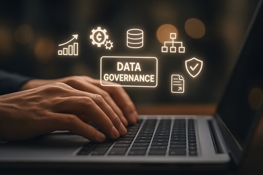 Laptop showing data governance icons. Concept of data management and information security.