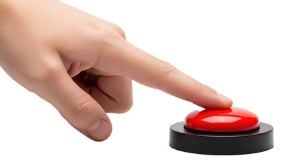 Pressing red button finger action emergency button push button hand trigger alert urgent situation on transparent background