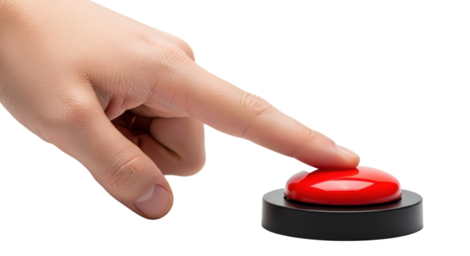 Pressing red button finger action emergency button push button hand trigger alert urgent situation on transparent background