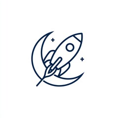Simple line art rocket blasting off from crescent moon amidst tiny stars