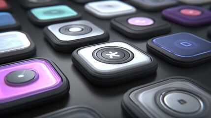 Fototapeta premium Close-up view of many square, colorful buttons or controls. Each button has a slightly raised, 3D effect. Various colors and shapes, primarily square, 