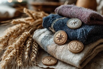 Cozy Textiles and Rustic Decor with Wheat Stalks and Vintage Buttons in Warm Tones, Perfect for Crafting, Home Styling, and Lifestyle Photography