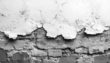 Obraz premium Painted brick wall with peeling white plaster in black and white shot. Use as a grunge background or to represent decay, neglect, and ruin.