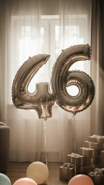 Celebrating a 46th birthday or anniversary with large silver number 46 balloons and presents in a cozy living room.