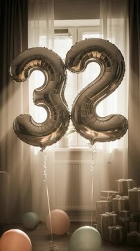 Silver number 32 balloons floating in a sunlit room. Festive decorations with gifts for a thirty-second birthday or anniversary celebration.