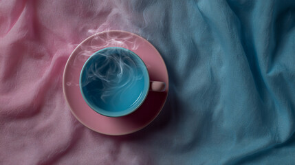 Flat lay of pastel pink and blue teacup with smoke on a soft, textured background, top view. Minimal concept