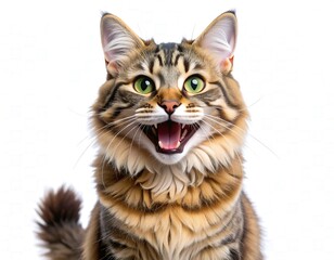 Obraz premium Happy Tabby Cat With Mouth Open And Wide Eyes Looking Directly At Camera.