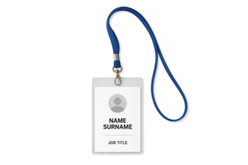 Identification card hanging on blue lanyard with transparent background