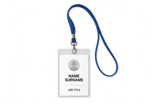Identification card hanging on blue lanyard with transparent background