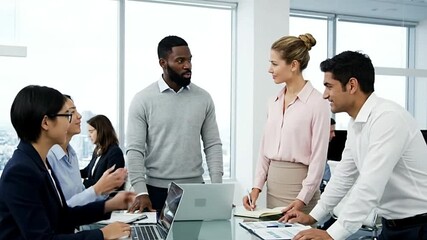 A dynamic business team collaborating on a project in a modern office, strategizing for success, driving innovation, and creating a vibrant workplace environment