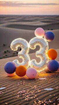 Festive 33rd birthday or anniversary celebration with illuminated number balloons and colorful decorations in a serene desert at sunset.