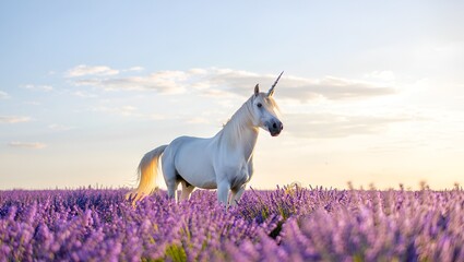 Majestic unicorn stands peacefully in a vibrant purple lavender field at sunset, dreamy scene.