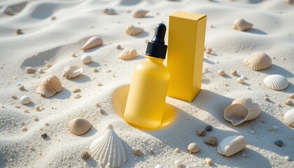 Yellow bottle and box are displayed on a sandy beach with shells, evoking summer vibes.