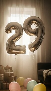 Silver foil balloons for a 29th birthday party celebration at home. Festive decorations with gifts and colorful balloons in a sunlit room.