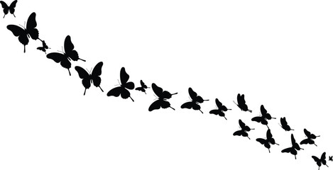 Butterfly silhouettes, flying butterflies, black insect shapes, nature vector, winged insects, abstract butterfly pattern, decorative design, isolated illustration, swarm flight