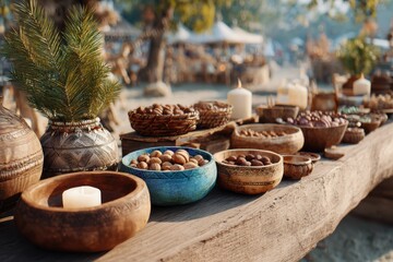 Decorative Display of Artisan Bowls Filled with Nuts and Candles Set on Rustic Wooden Table in Outdoor Market Environment