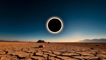 Striking solar eclipse casts a radiant halo over a barren, cracked desert landscape at daytime