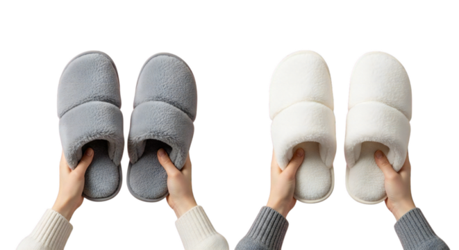 Cozy comfort awaits! Two pairs of plush, soft slippers held by hands, offering warmth and relaxation for home lounging.