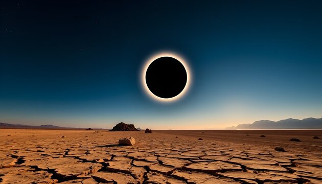 Striking solar eclipse casts a radiant halo over a barren, cracked desert landscape at daytime