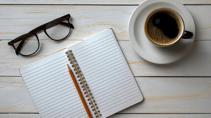 Flat lay, top view, copy space, empty, blank mockups. A notepad with a pencil and glasses on a white wooden table next to a coffee cup in an office work desk background