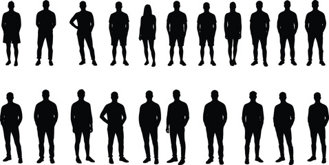 Group of people silhouettes, standing men and women outline, human figure vector, full body shadow, fashion style concept, black silhouette design