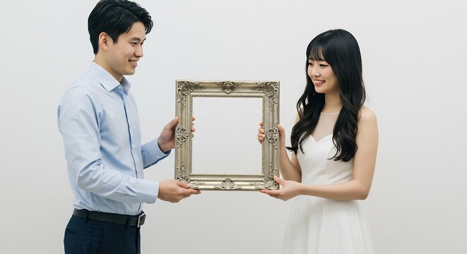幸せな二人 輝く笑顔 上品な額縁 優しい光 (Shiawase na futari kagayaku egao jouhin na gaku-buchi yasashii hikari) Translation: Happy couple, shining smiles, elegant frame, gentle light.. AI Generated