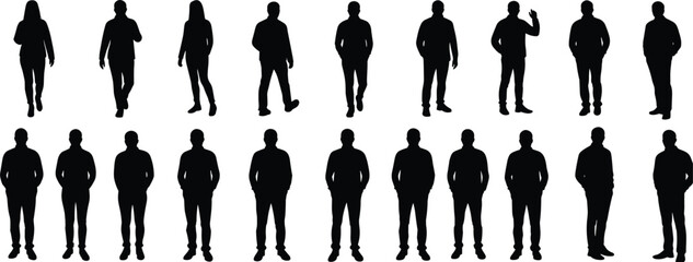 Silhouettes of men and women, standing figures, walking poses, people outline vector, human shape design, black shadow illustration, full body silhouettes