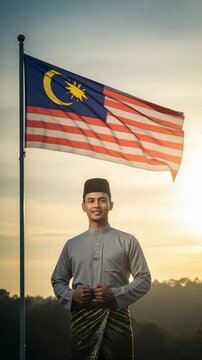 Proud young Malaysian man in traditional Baju Melayu attire standing in front of the national flag at sunrise.