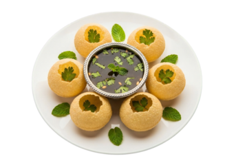 Delicious Indian street food delicacy Pani Puri served on a plate, a flavorful savory Indian snack perfect for culinary exploration and food blogging.