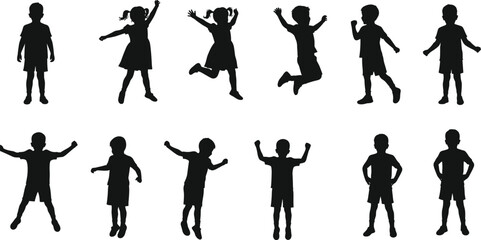 Kids silhouettes, children playing, jumping, running, happy childhood outline, active boys and girls, fun vector, young people shadow illustration, lifestyle design