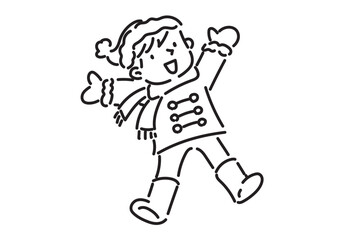 冬に飛び跳ねるマフラーをした元気な男の子の白黒イラスト