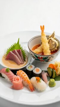 Elegant Japanese combination meal featuring fresh sushi, tuna sashimi, and shrimp tempura served on a white plate.