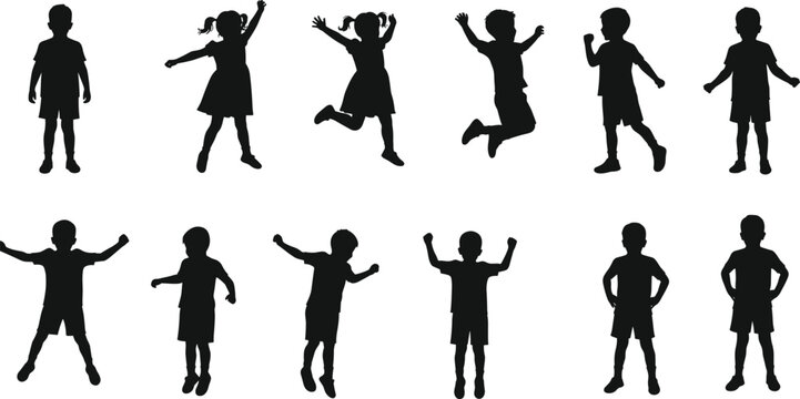 Kids silhouettes, children playing, jumping, running, happy childhood outline, active boys and girls, fun vector, young people shadow illustration, lifestyle design