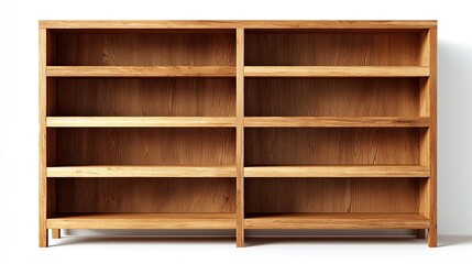 A large, light brown wooden bookcase with eight empty shelves, evenly divided into two sections, stands against a white background, casting a subtle shadow