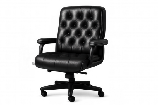 Black leather office chair with adjustable height and wheels, isolated on transparent background, perfect for interior design projects