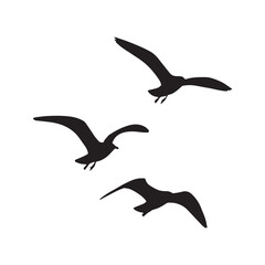 Flock of flying bird silhouettes. Seagulls vector graphic icon set, isolated on white background. Symbol of freedom, flight and the sea.
