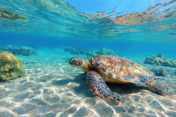 Obraz premium Graceful Sea Turtle Swimming Underwater in Crystal Clear Ocean with Sunlight Filtering Through Waves, Surrounded by Coral Reefs and Vibrant Marine Life