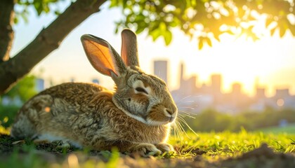 Fototapeta premium Cute rabbit basking in the golden sunlight with a cityscape backdrop evokes feelings of peace, nature, and urban harmony