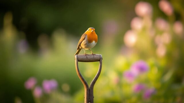 Charming European Robin bird perched on a wooden garden spade handle with a soft, blurred background of flowers.