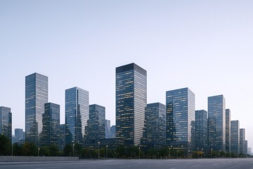 Obraz premium Modern Cityscape at Dusk: Sleek Office Buildings and Urban Skyline Reflecting Contemporary Architecture