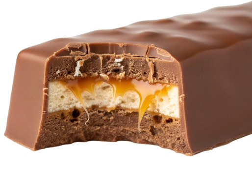Indulge in the irresistible gooey caramel and nougat center of this delicious chocolate bar, a perfect sweet treat.