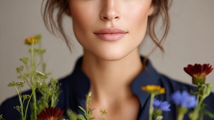Naklejka premium Beautiful Woman Surrounded by Fresh Wildflowers in Natural Light