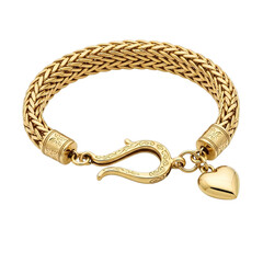 Exquisite 14k gold woven bracelet with ornate clasp and charming heart charm, perfect for adding elegant sparkle.